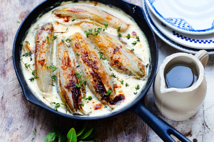 Gratin d’endives à la crème infusée au lard