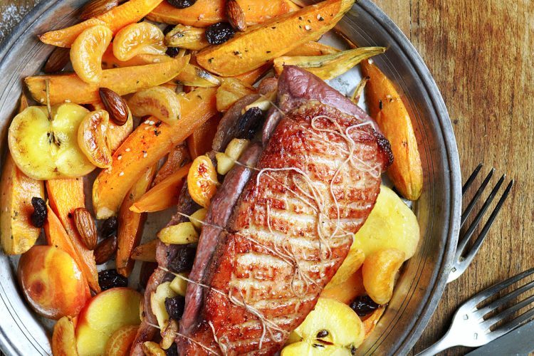 Magrets de canard aux pommes, clémentines et patates douces