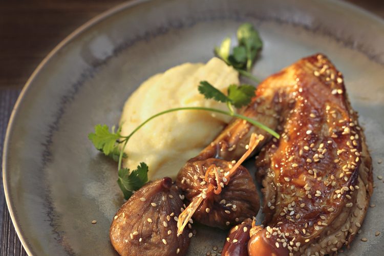 Poulet au champagne, miel et polenta