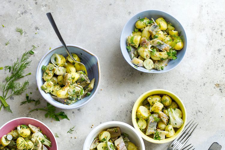 Rattes aux harengs, vinaigrette au miel et à la moutarde