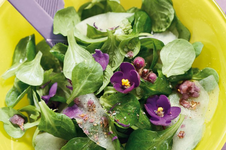 Salade de mâche et poire, vinaigrette de violette