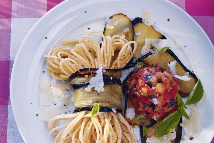 Spaghetti d’épeautre, marmelade d’aubergine et tomate