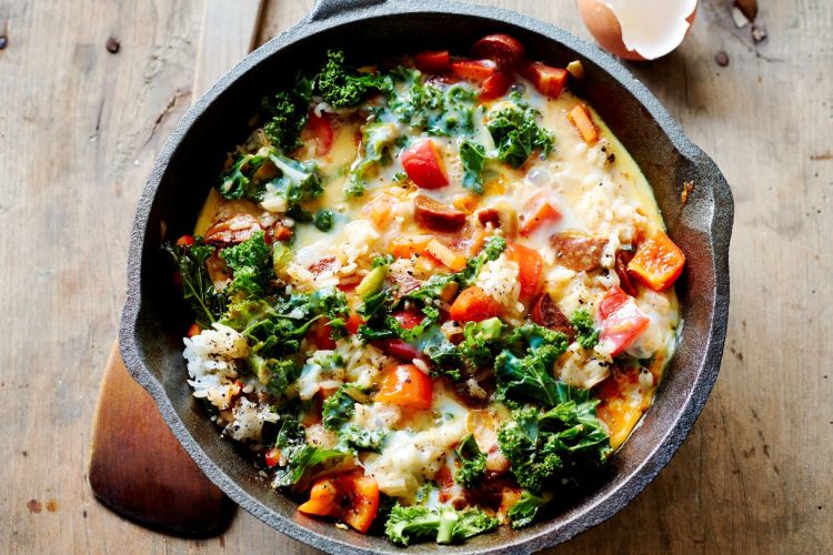 Tortilla au riz, légumes et chorizo