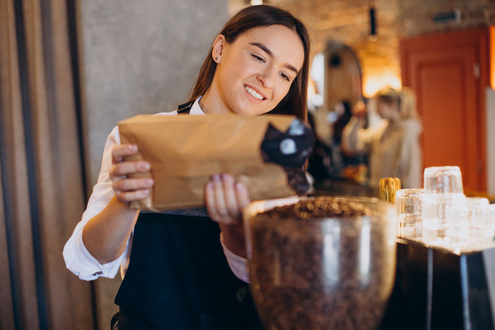 femme avec machine à café à grain