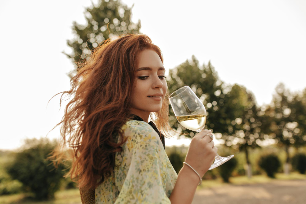 une jeune femme buvant un vin nature en plein air