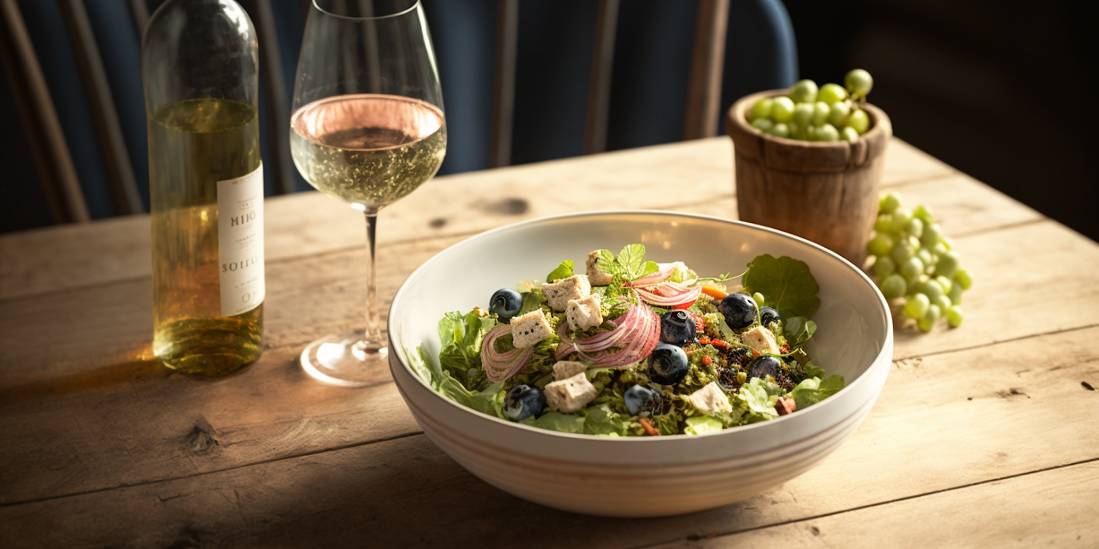 une salade de quinoa avec une verre de vin blanc