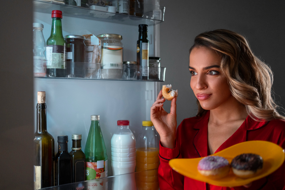 Femme qui mange devant son frigo ouvert