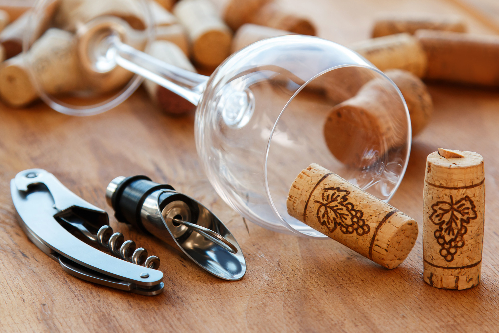 verre de vin entouré de bouchons de lièges et d'accessoires