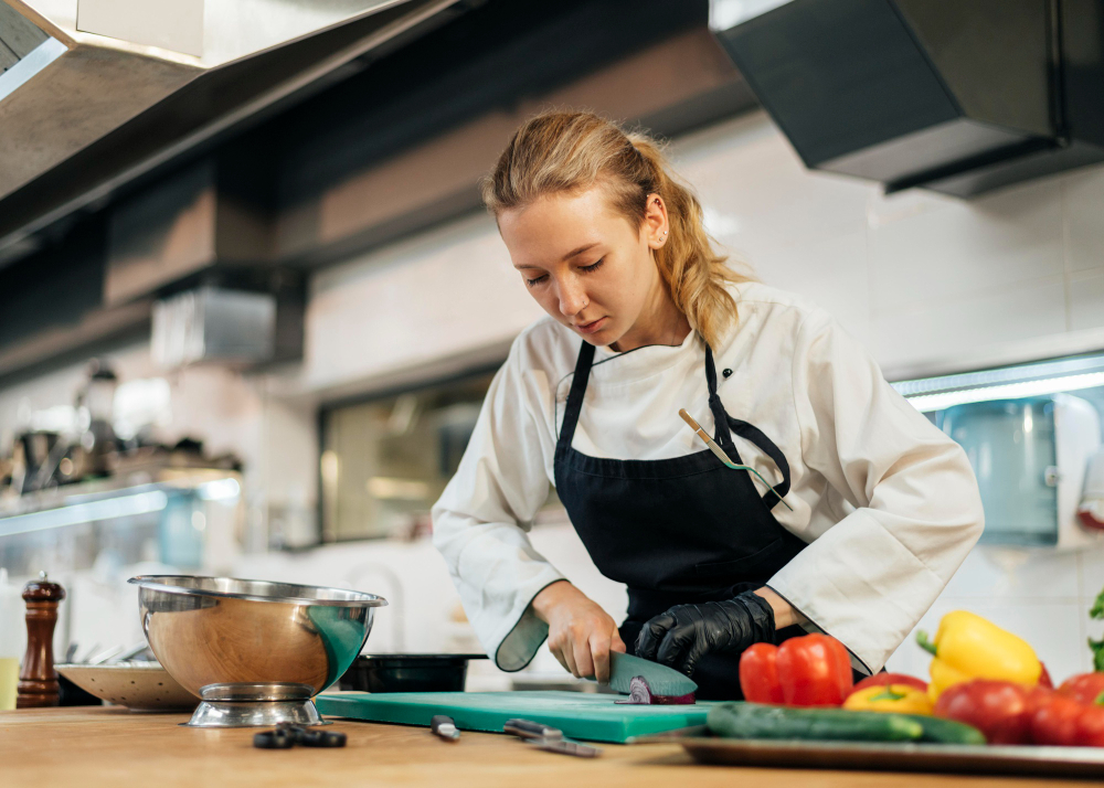 cuisinière coupe des légumes