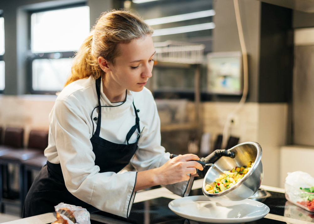 cuisinière verse un bol dans une assiette