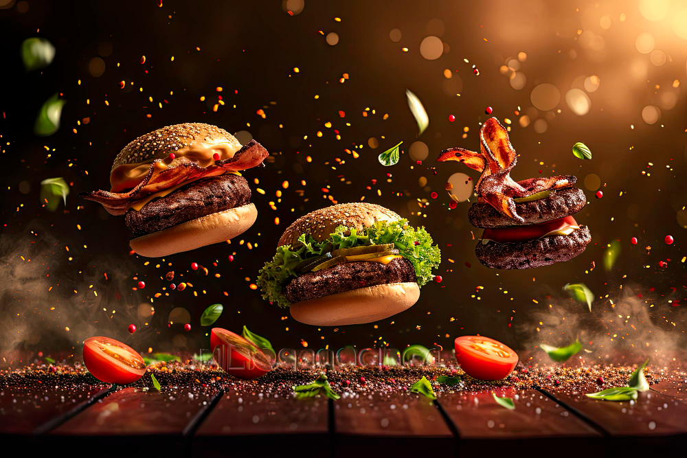 deux burgers mis en avant en 3D