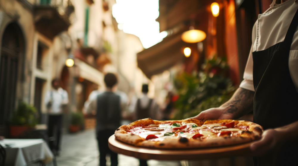 un serveur sort avec une pizza