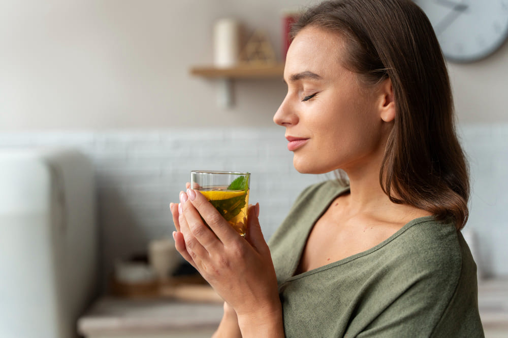 Une femme tient une tasse de thé les yeux fermés