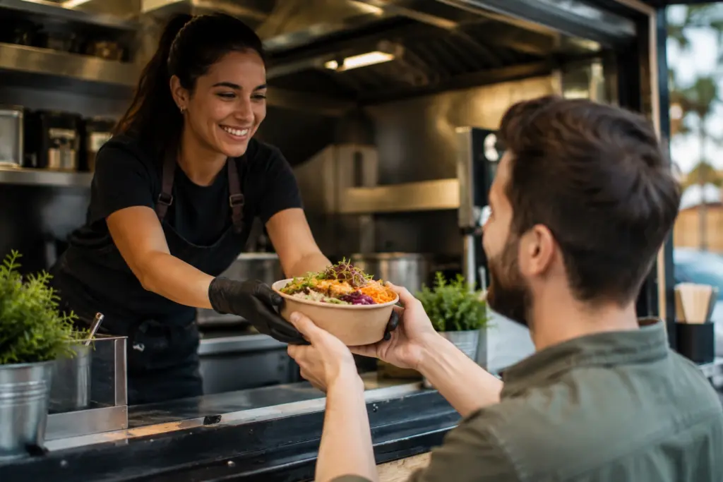 une cuisinière donne un plat de street food fait maison à un coient
